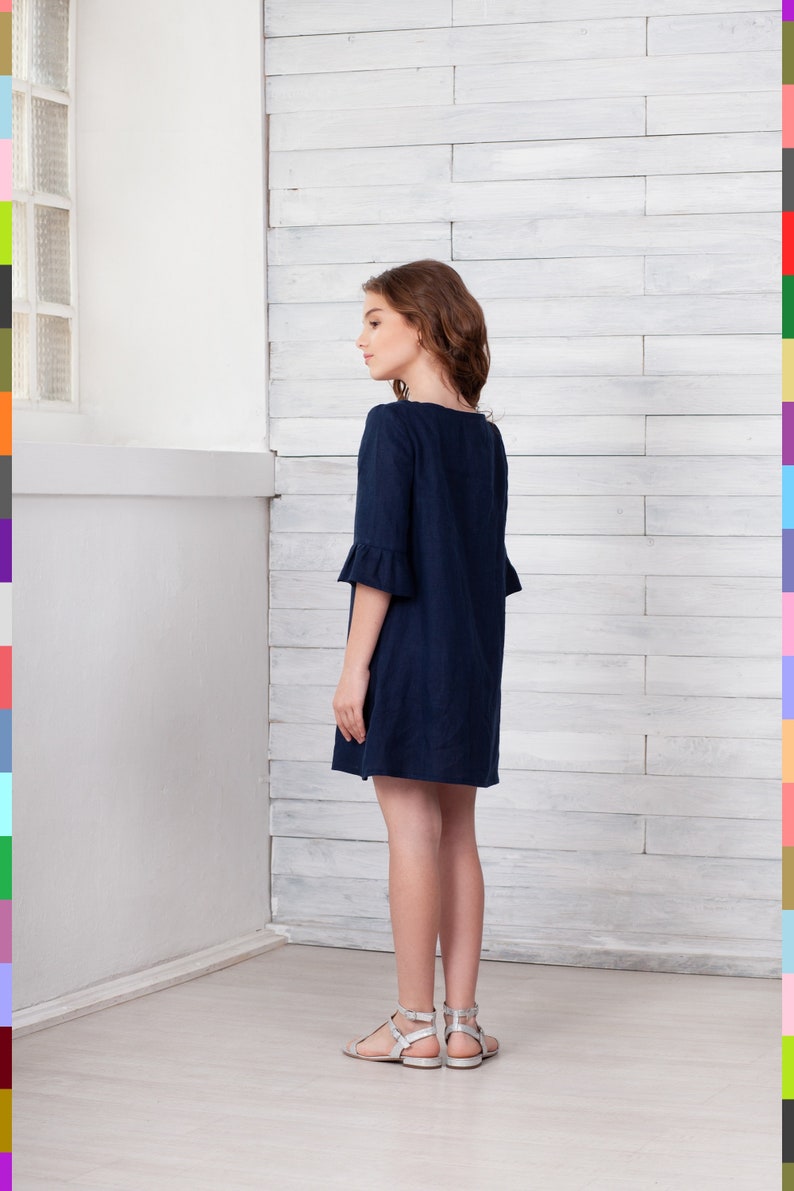 Navy Blue Dress. Flutter Sleeve Dress. Summer Girls Dress. Dress With Flounces. Kids Linen Clothing. 100% Pure Linen Italy. image 3