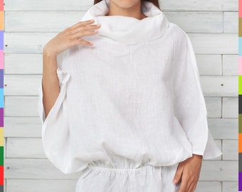 Turtleneck Top. White Linen Top. Summer Flax Blouse. Bat Sleeve Top. Oversized Linen Top. 100% Pure Linen (Italy)