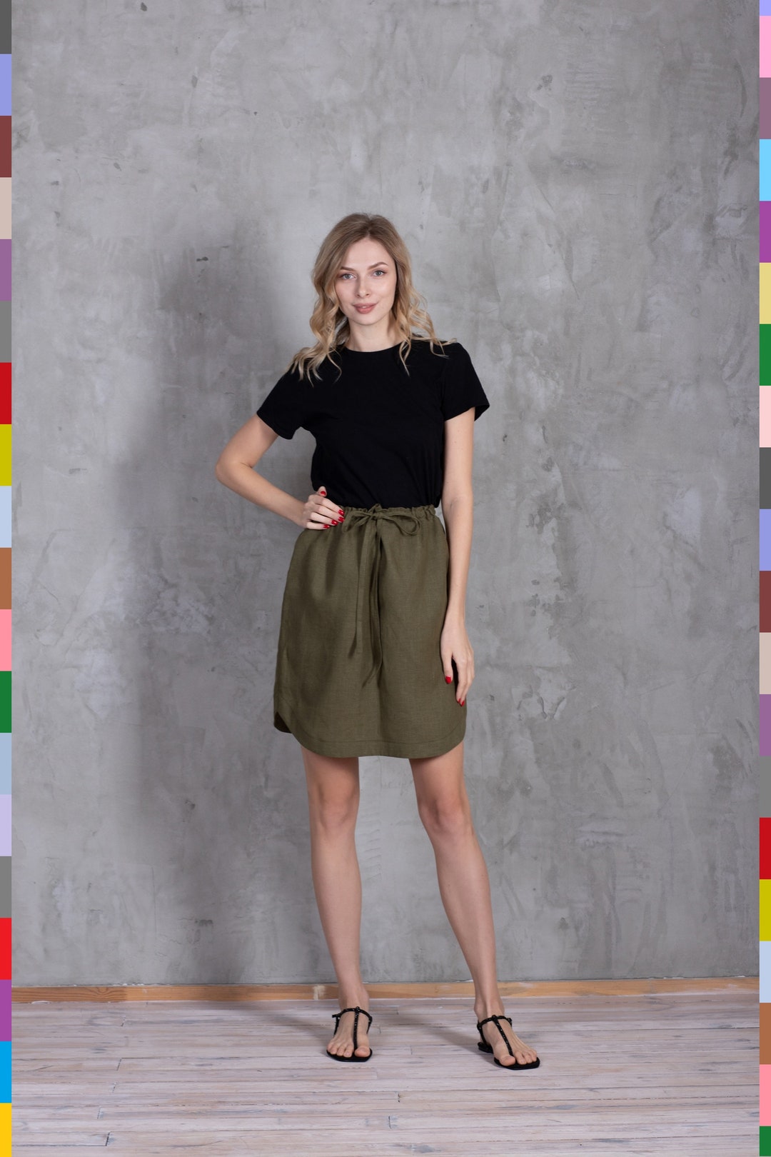 Khak Lnen Button Front Skrt, Plus Sze Flowy Lnen Skrt Wth Pocket