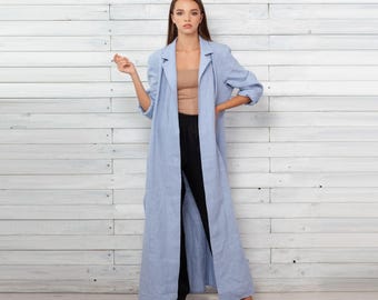 Leinen Frühlings-Sommer Trenchcoat. Flachs Langer Mantel. Lockerer Mantel für Frauen. Oversize Jacke.