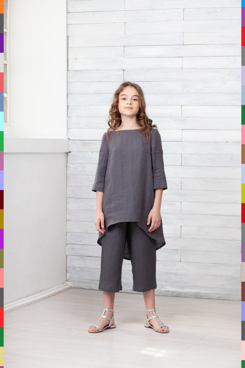Gray Kids Tunic. Simple Girls Tunic. Asymmetric Teens Tunic. 100% Pure Linen Italy. image 1
