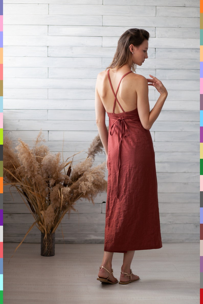 Terracotta Dress. Wrap Flax Dress. Cross Back Dress. Halter Dress. Pinafore Dress. 100% Pure Linen Italy image 4