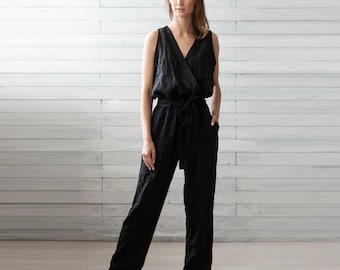Black Linen Jumpsuit. Flax Kimono Romper. Linen Suit For Women. Loose Jumpsuits