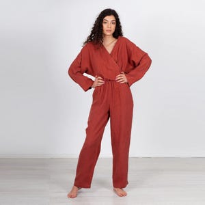 Italian Linen Jumpsuit. Loose Kimono Rompers. Natural Overalls. Breathable Linen Suit.