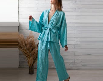 Kimono Robe With Pants. Linen Women's Costumes. Pure Italian Flax. Loose Boho Style.