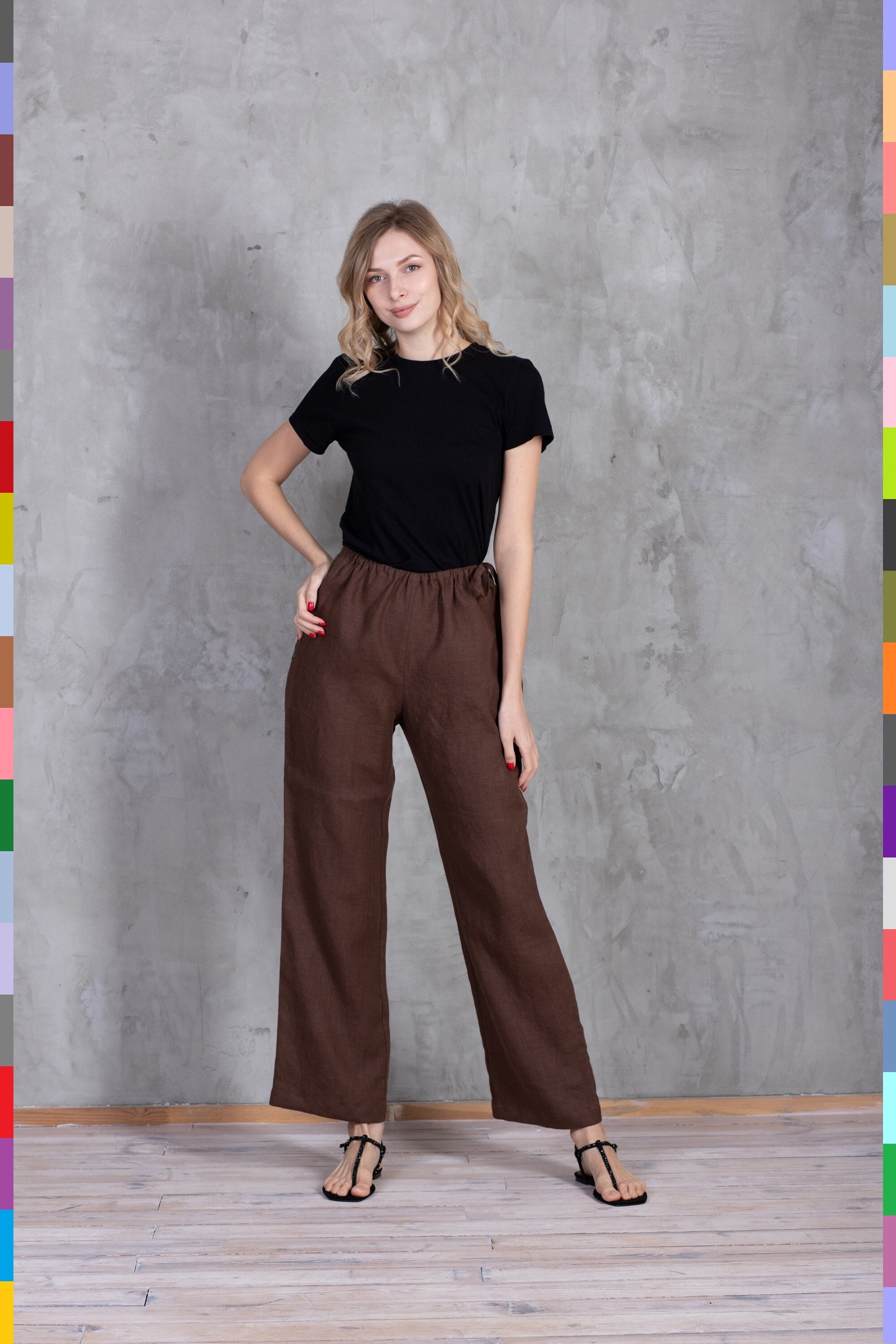 Palazzo Pants, Brown Linen Pants, Wide Leg Pants, Pleated Pant