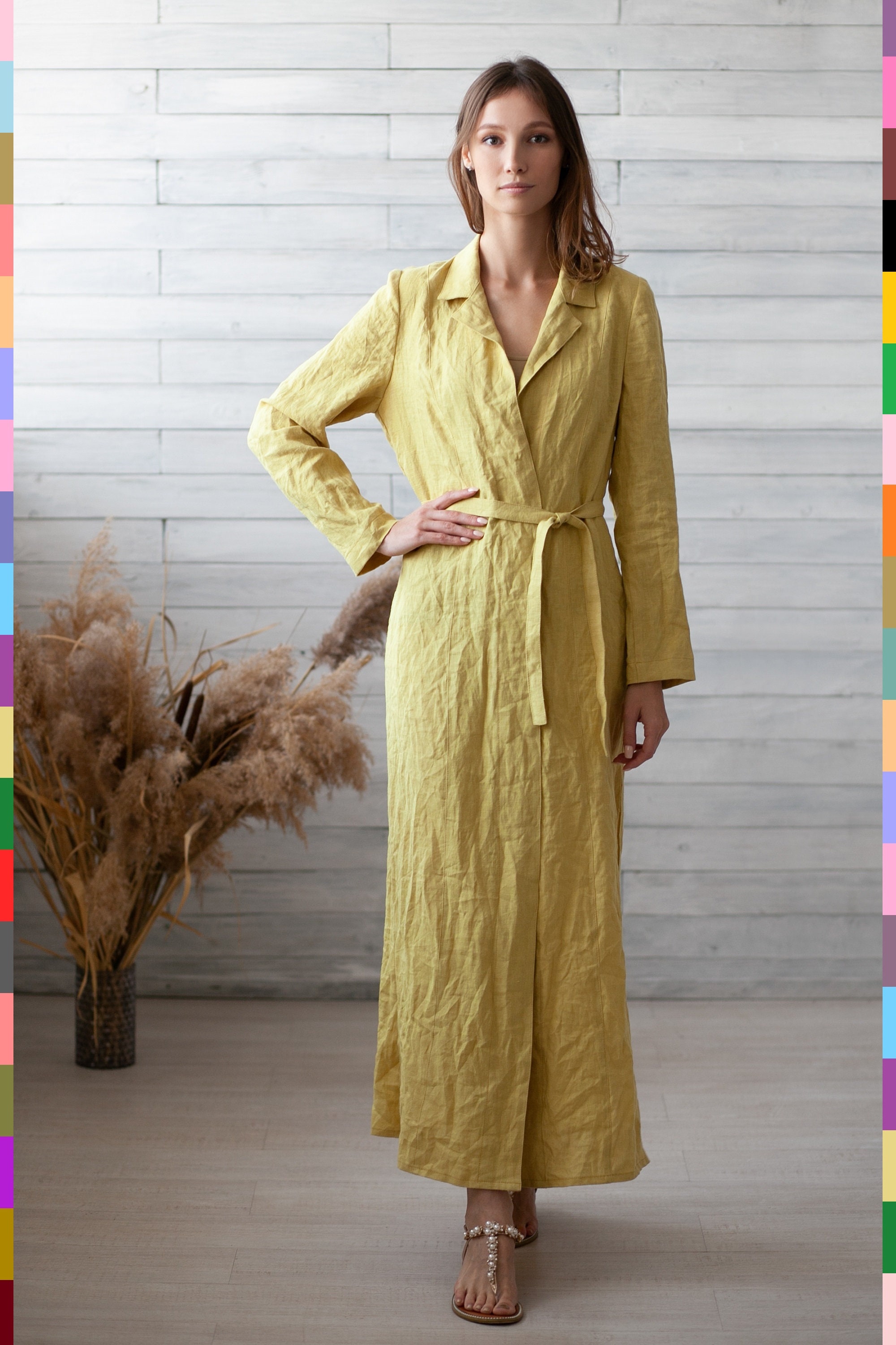 Yellow Linen Jackets. Flax Peacoat. Long Summer Trench Coats. Maxi