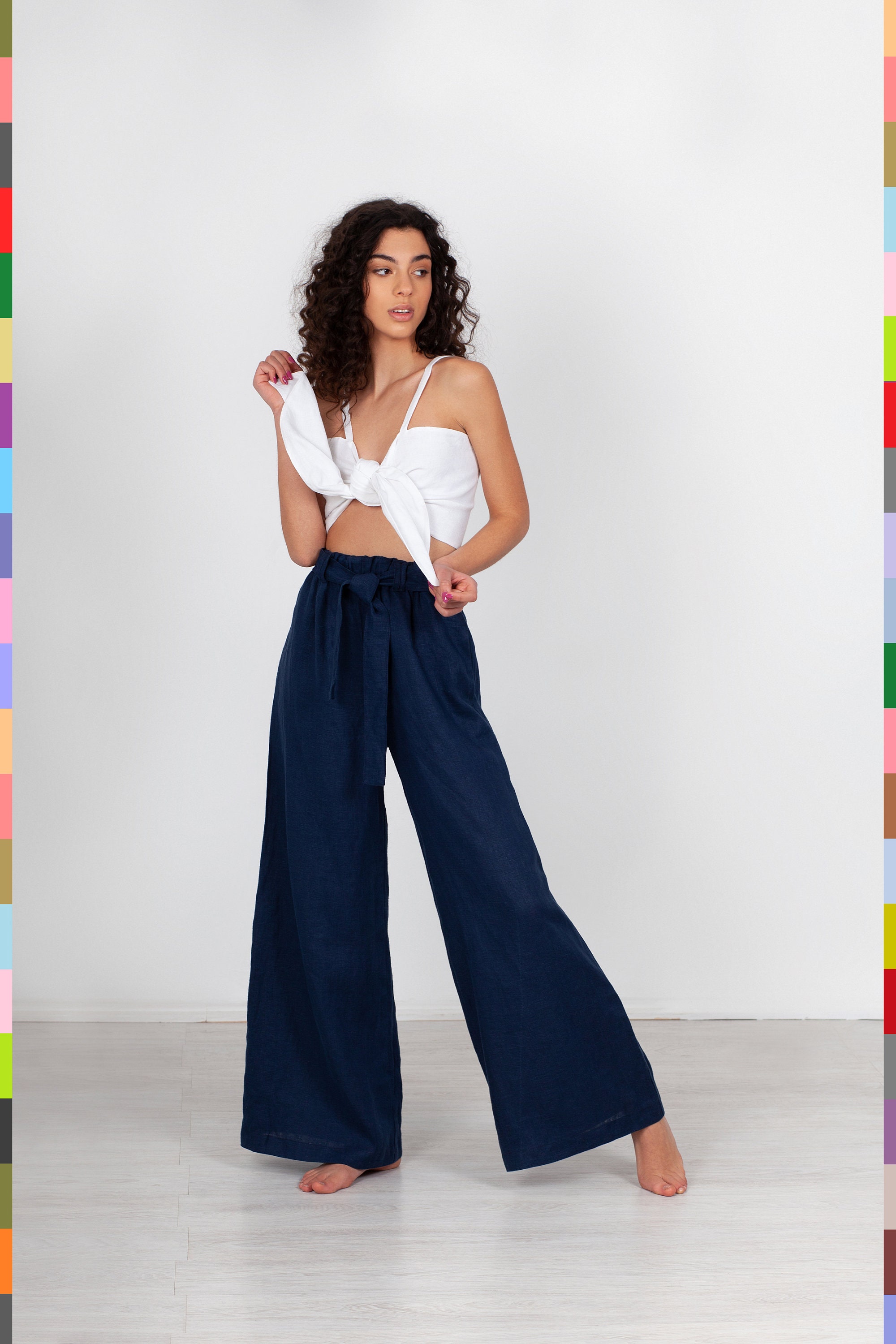 Palazzo pants women - wide leg pants - cotton blend high waist