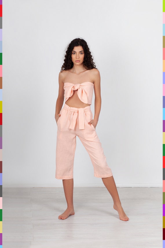 Pink Linen Shorts. Long Shorts. Linen Capris. High Waisted Shorts. Women Capris. Summer Capris. Salmon Capris. 100 Pure Linen italy Etsy UK