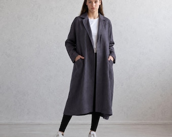 Relaxed Linen Overcoat. Gray Flax Duster. Oversized Autumn Jacket. Fall Outerwear With Pockets.
