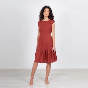 Italian Linen Dresses. Sleeveless Flax Dress. Elegant Spring Outfit. Midi Flared Dress.