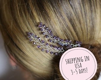 lilac hair pins lavender hair piece wedding hair pieces bridesmaid hair pins Lavender hair pin bridal head pieces Crystal hair pins