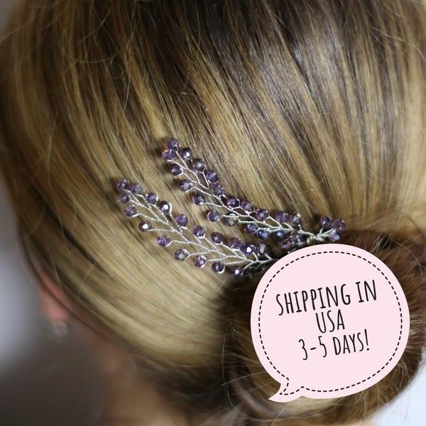 lilac hair pins lavender hair piece wedding hair pieces bridesmaid hair pins Lavender hair pin bridal head pieces Crystal hair pins