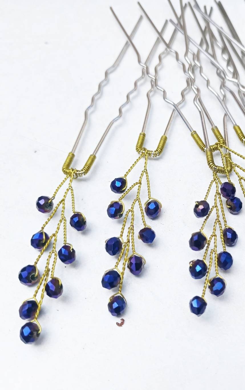 Royal Blue Hair Pin Crystal Hair Pins Dusty Blue Wedding Hair Etsy UK