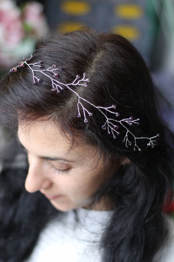 Purple Flowers Crown Silver Tiara Lavender Wedding Amethyst Etsy
