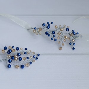 Royal blue Corsage and boutonniere set bridal wrist corsage wristlet corsage bracelet prom corsage pearl corsage bridesmaid corsage
