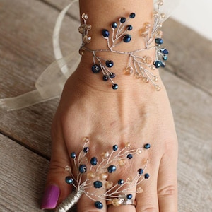 Royal Blue Crystal Wrist Corsage and Boutonniere Set – Elegant Wedding and Prom Accessories