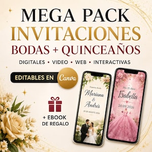 Puede incluir: Un paquete de plantillas de invitación digitales con el texto MEGA PACK INVITACIONES BODAS + QUINCEAÑOS. Dos teléfonos inteligentes muestran diseños de invitación de boda y quinceañera con flores, una pareja y un vestido.
