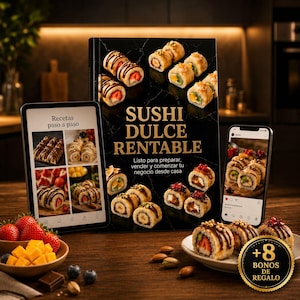 Pode incluir: Um livro de receitas intitulado SUSHI DULCE RENTABLE com capa de mármore preto e rolos de sushi doce, exibido ao lado de um tablet com receitas passo a passo, um smartphone com feed de redes sociais e um prato de sushi doce com frutas.