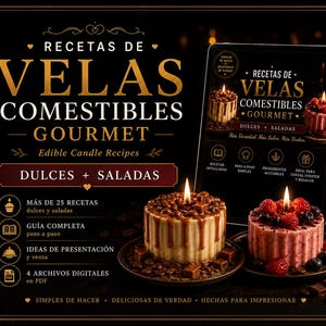 May include: A digital guide titled RECETAS DE VELAS COMESTIBLES GOURMET featuring text about edible candle recipes, sweet and savoury options, and 25 recipes. Two lit candles shaped like small cakes sit in front, one caramel and one berry-topped.