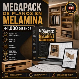 Pode incluir: Uma coleção digital de planos de móveis intitulada MEGAPACK DE PLANOS EN MELAMINA +1,000 DISEÑOS, apresentando um laptop e um tablet exibindo desenhos técnicos, uma caixa física, plantas impressas e um pequeno móvel de madeira para TV.