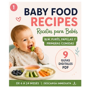Peut inclure: Un guide numérique intitulé BABY FOOD RECIPES montrant un bébé mangeant un morceau de brocoli. L'image contient le texte BLW, PURÉS, PAPILLAS Y PRIMERAS COMIDAS et 9 GUÍAS DIGITALES PDF. Une assiette divisée avec des myrtilles, concombre, carottes et banane.