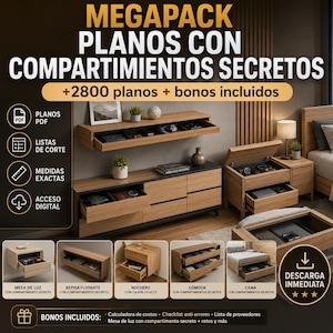 Puede incluir: Una colección digital de planos de muebles con compartimentos secretos. La imagen muestra varios muebles de madera, incluyendo un estante flotante, una cómoda y una cama, todos con almacenamiento oculto. El texto incluye MEGAPACK PLANOS CON COMPARTIMIENTOS SECRETOS.