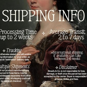 May include: A classical oil painting style portrait of a person wearing a dark brown velvet garment with white lace trim and a pearl earring. The image features white text overlays detailing shipping information, processing times, and disclaimers.