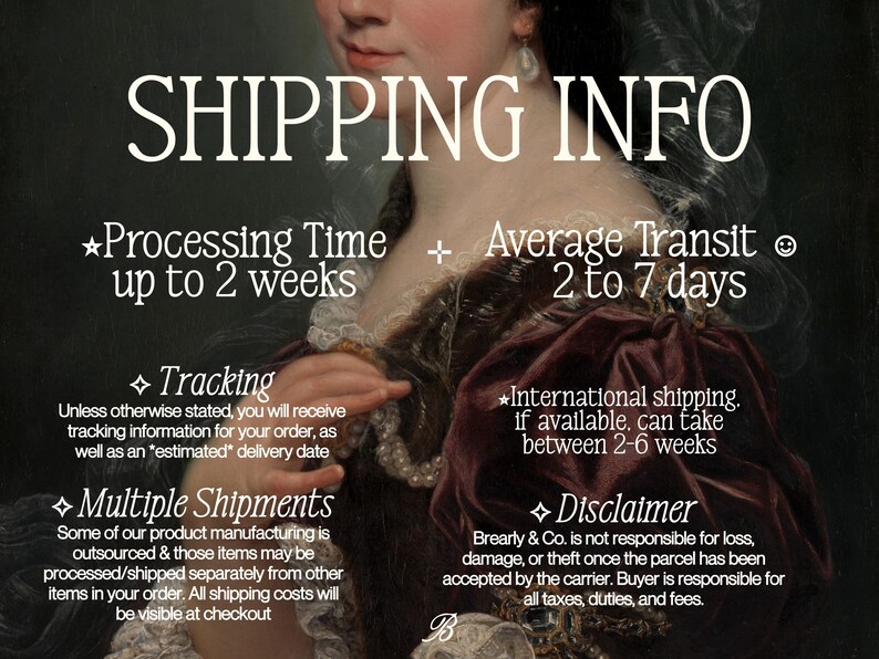 May include: A classical oil painting style portrait of a person wearing a dark brown velvet garment with white lace trim and a pearl earring. The image features white text overlays detailing shipping information, processing times, and disclaimers.