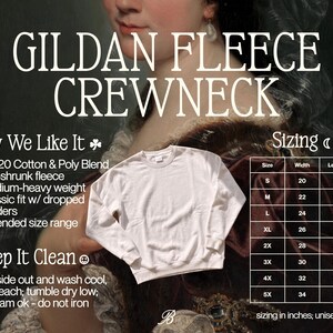 May include: A white Gildan fleece crewneck sweatshirt with a classic fit and dropped shoulders. The image includes text detailing an 80/20 cotton and poly blend, pre-shrunk fleece, medium-heavy weight, and a sizing chart in inches for sizes S to 5X.