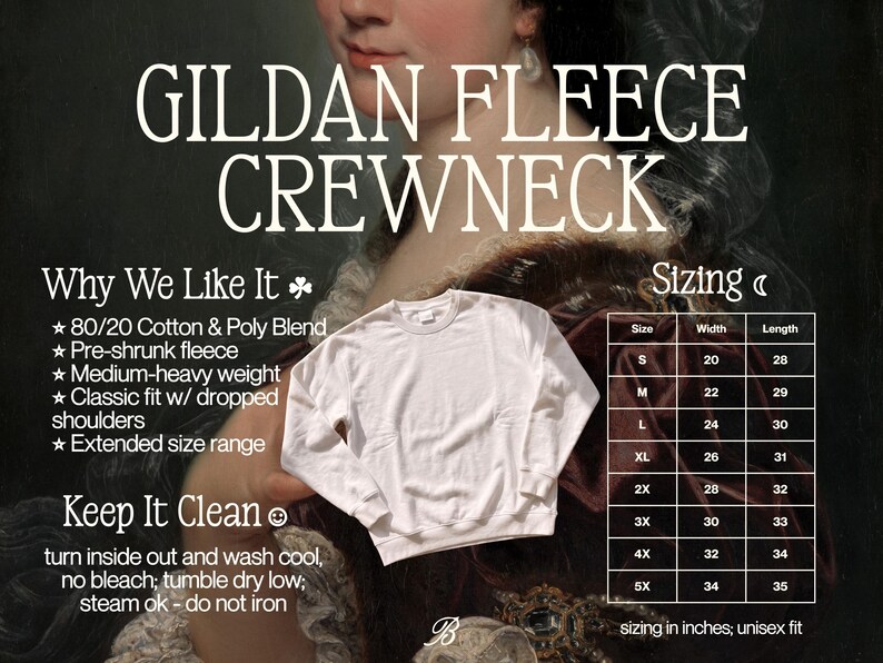 May include: A white Gildan fleece crewneck sweatshirt with a classic fit and dropped shoulders. The image includes text detailing an 80/20 cotton and poly blend, pre-shrunk fleece, medium-heavy weight, and a sizing chart in inches for sizes S to 5X.