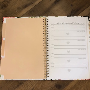 May include: An open spiral bound notebook with a floral design on the cover. The page is labelled "Miscellaneous/Other" and has lines for writing down gifts received, the name of the giver, and a space to write "Thank You Sent".
