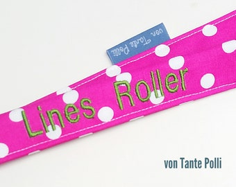 Schlüsselanhänger-Schlüsselband-Name-Spruch-personalisiert-Lanyard-Schlüsselband pink getupft, grün bestickt