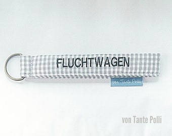 Schlüsselanhänger-Schlüsselband-Name-Spruch-personalisiert-Lanyard-Schlüsselanhänger grau kariert, schwarz bestickt