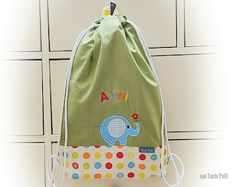 Tasche für den Kindergarten, Turnbeutel, Name, bestickt, Wickeltasche-Kindergartentasche als Rucksack Elefant