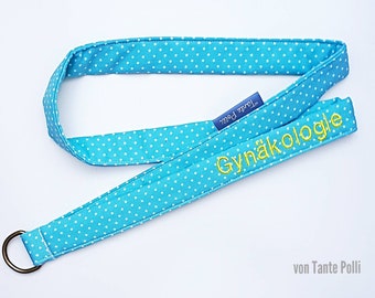 Personalized keychain lanyard with name and saying - turquoise and yellow embroidered