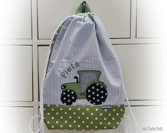 Bag for kindergarten, gym bag, name, embroidered, diaper bag kindergarten bag, backpack tractor green