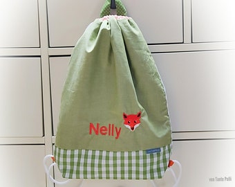 Tasche für den Kindergarten, Turnbeutel, Name, bestickt, Wickeltasche-Kindergartentasche, Rucksack Fuchs grün, orange