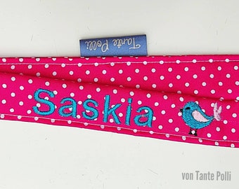 Schlüsselanhänger-Schlüsselband-Name-Spruch-personalisiert-Lanyard-Schlüsselband pink, türkis  bestickt mit Vogel