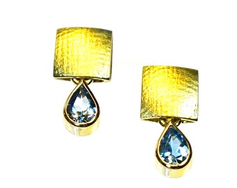 Aquamarine ear studs "drops", 750 gold, 18 ct yellow gold