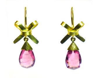 Pink tourmaline earrings, 18 ct gold, 750 yellow gold, tourmaline briolettes