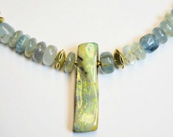 Aquamarine necklace, boulder opal interchangeable clasp, 750 yellow gold, 18 ct gold, opal Australia,