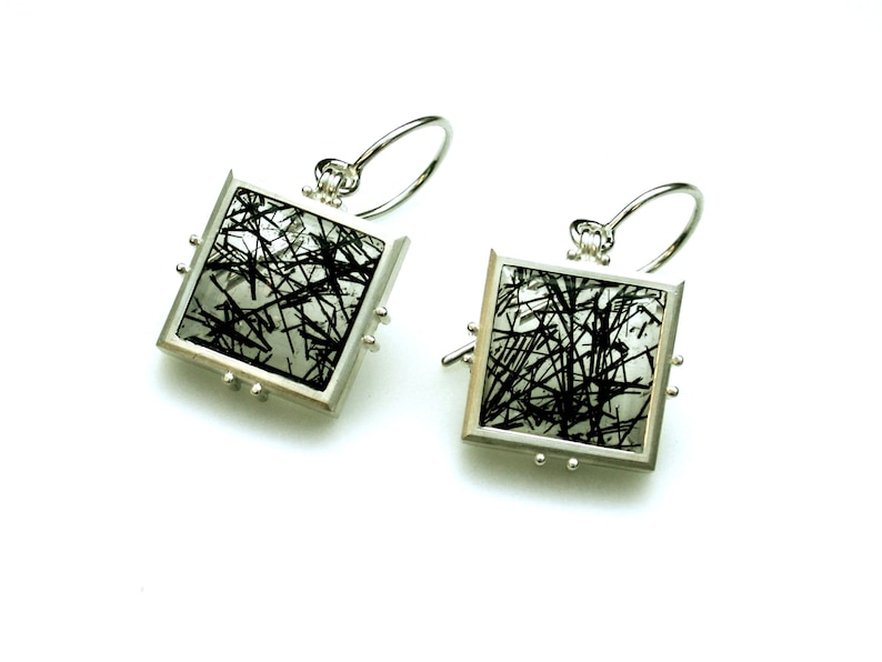 Silver earrings DICKICHT rock crystal with tourmaline needles, tourmaline quartz, 925 sterling silver image 1