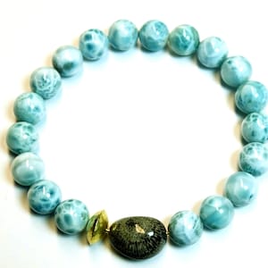 Larimar necklace, 18 ct gold, 750 yellow gold, interchangeable clasp, ball chain, fossil coral