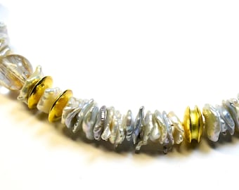 Süßwasser-Perlenkette mit Rutilquarz, 18 ct Gold, 750 er Gelbgold, Wechselverschluss, Süßwasserperlen, Bergkristall mit Rutil
