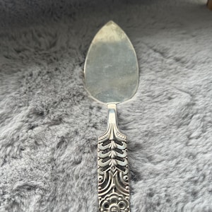 May include: A silver cake server with a teardrop-shaped blade and an ornate handle. The handle features a floral design at the base and intricate patterns along its length. The server is designed for serving cakes and pastries.