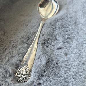 Peut inclure: Une cuillère en argent avec un bol arrondi et un manche détaillé. La poignée présente un motif floral en relief à la base et un motif texturé sur toute sa longueur. La cuillère est posée sur un fond gris texturé.