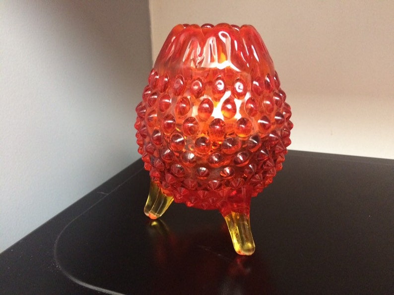 Tangerine Glass Vintage Home Decor Amberina Glass Hobnail shaped container Candy dish Vase Red to Yellow