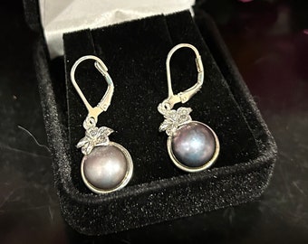 Sterling Silver Pulmeira Tahitian Black Pearl Lever Back Earrings/Anniversary Gift/Birthday Gift/Mothers Day Gift