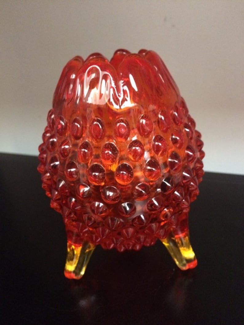 Tangerine Glass Vintage Home Decor Amberina Glass Hobnail shaped container Candy dish Vase Red to Yellow
